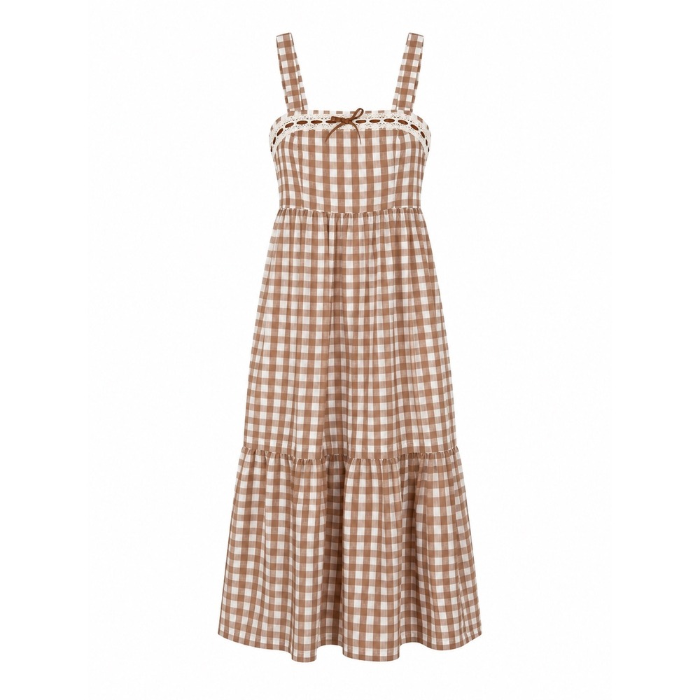 NWT Haute Hippie Style Tiered Midi Dress Brown Gingham Lace Trim Smocked 2